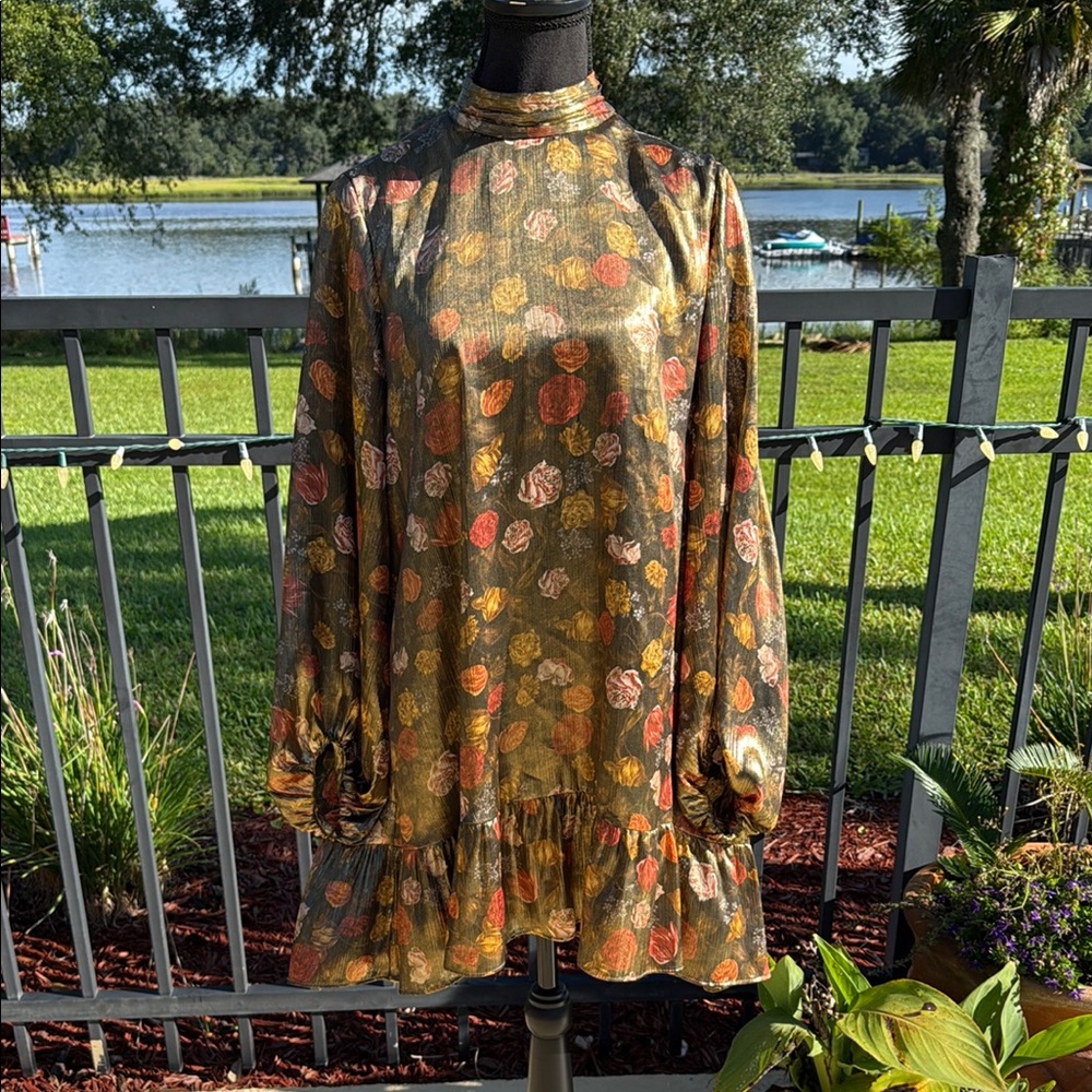 Zara Festive Floral Dress with Gold and Red Accents